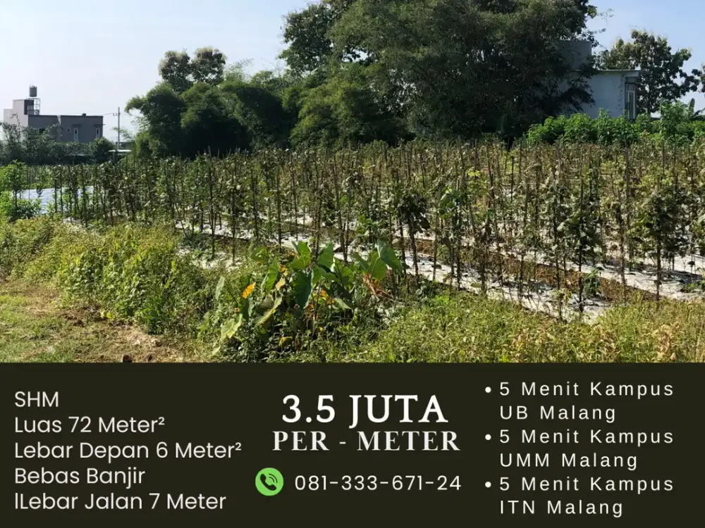 5 Menit Kampus UMM Malang Tanah Dijual Sertifikat