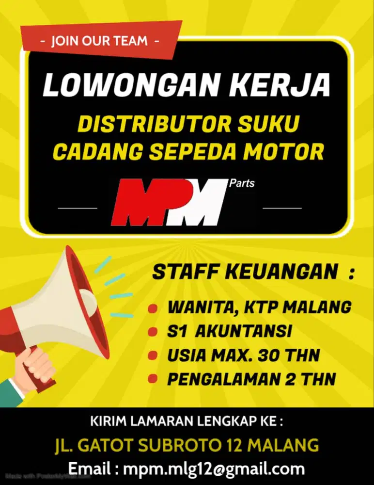 Dibutuhkan Staff Keuangan Distributor Suku Cadang Sepeda Mtr MPM Parts