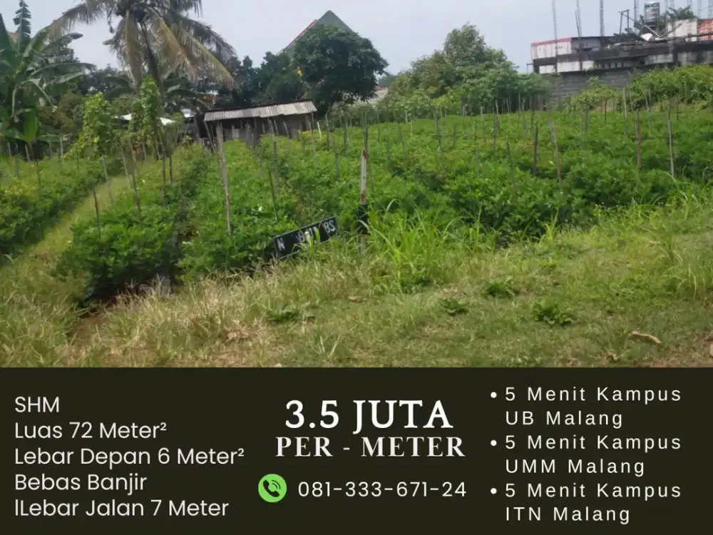 Tanah Dijual 5 Menit Kampus UNISMA Malang SHM Pecah
