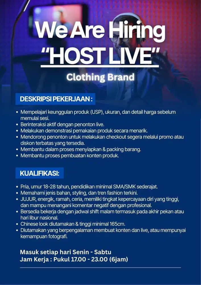DIBUTUHKAN HOST LIVE PRIA FASHION BRAND SHIFT MALAM