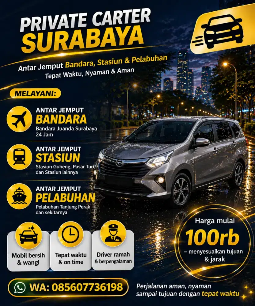 Carter Mobil Surabaya + Driver | Antar Jemput Bandara Juanda 24 Jam