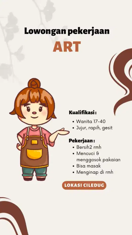 Dicari Art Menginap untuk Majikan Langsung Ciledug