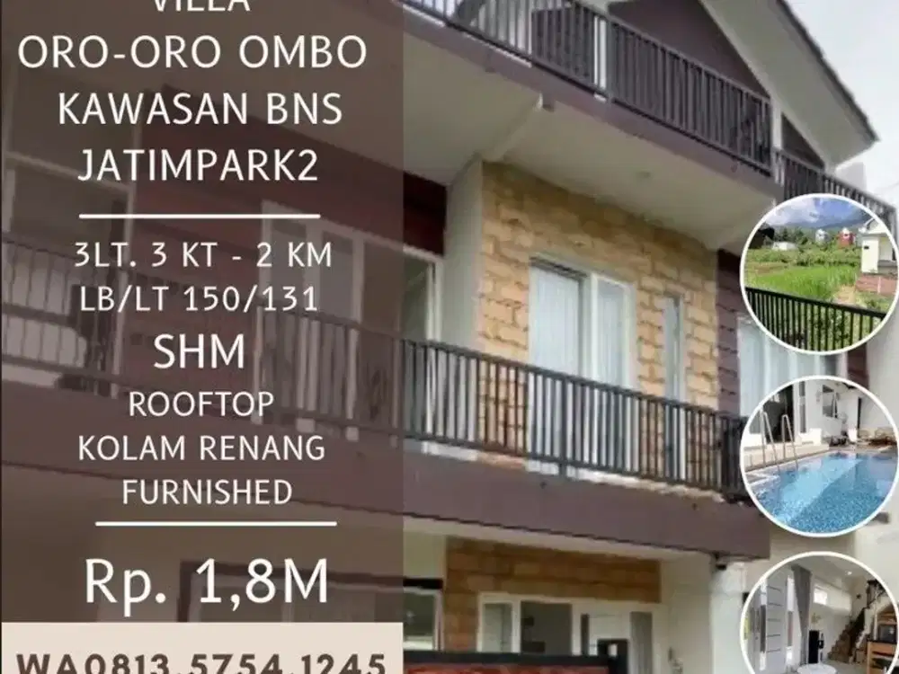 Villa dijual oro-oro ombo produktif BNS Batu Furnished Kolam renang 1,8M