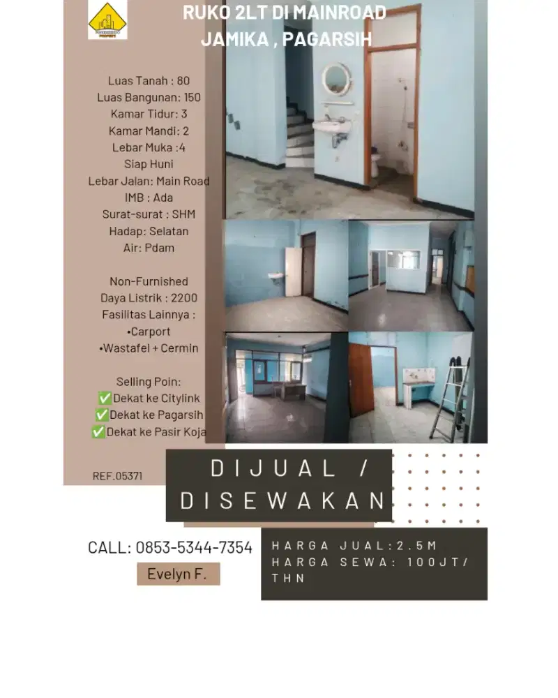 Dijual /Disewakan Ruko 2lt di Mainroad Jamika , Pagarsih