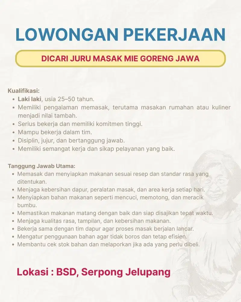 Dicari Juru Masak Mie Goreng Jawa Daerah BSD