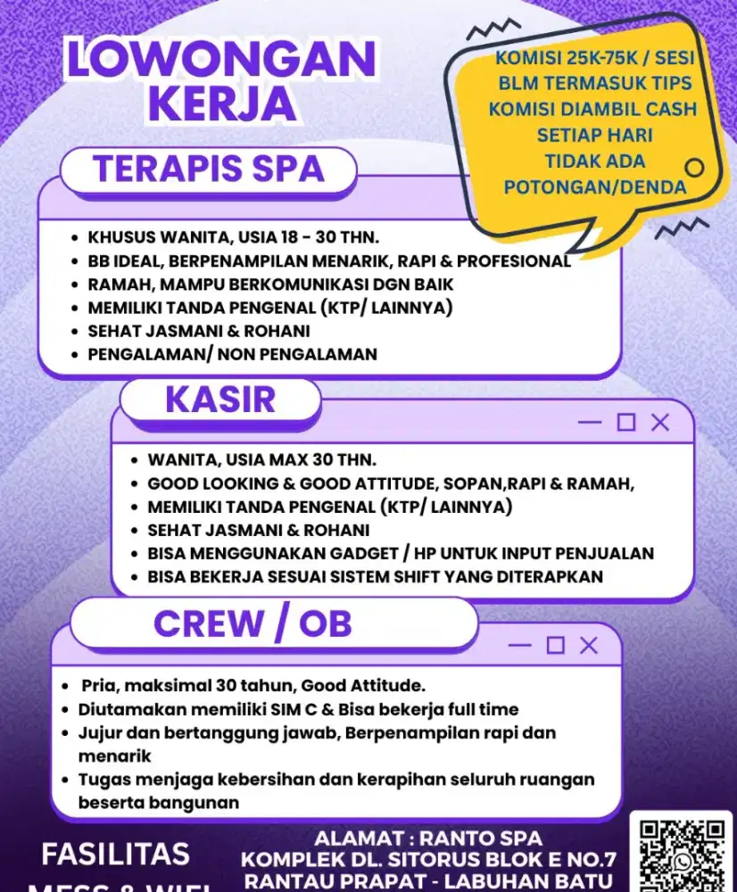 Dibutuhkan segera kasir, housekeeping / cleaning service, terapis spa