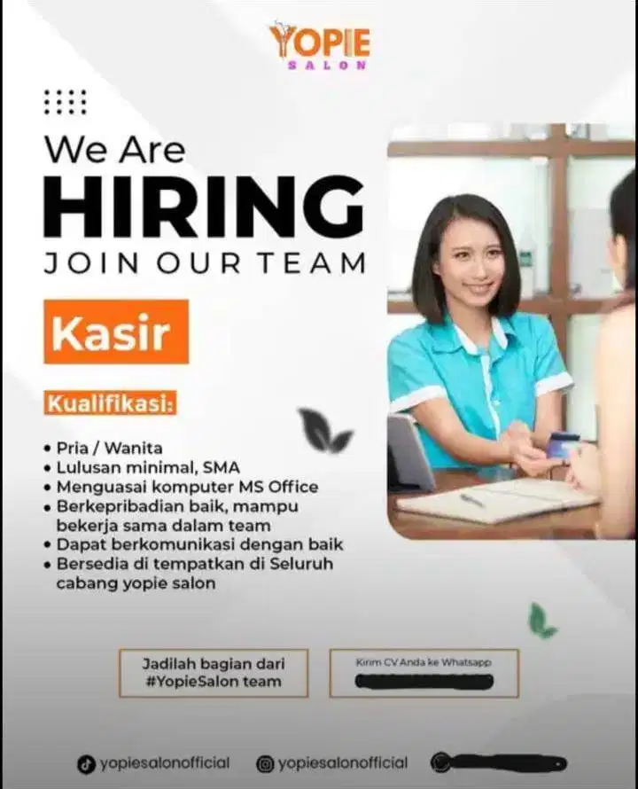 Yopie Salon membuka lowongan kerja Kasir, Spv, Stylist n ank creambath