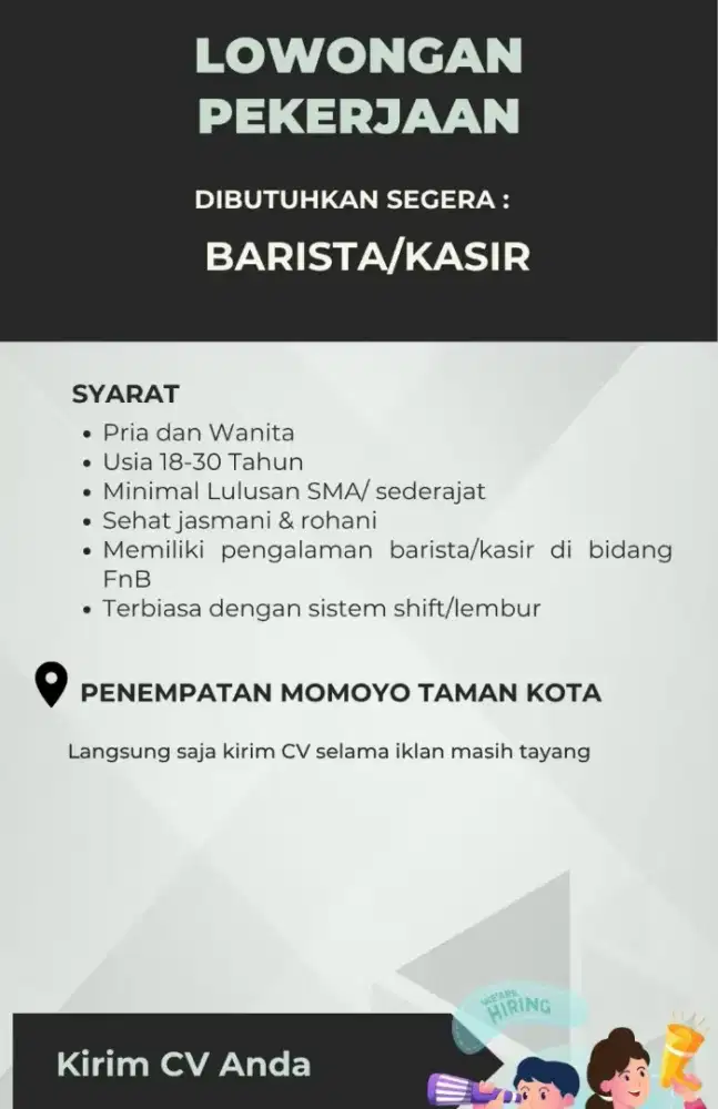 Lowongan Barista/Kasir Momoyo Taman Kota