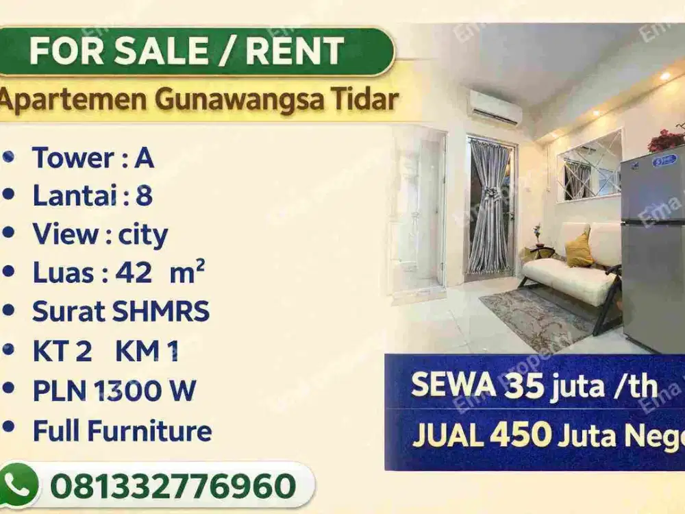 Dijual / disewakan apartemen Gunawangsa Tidar