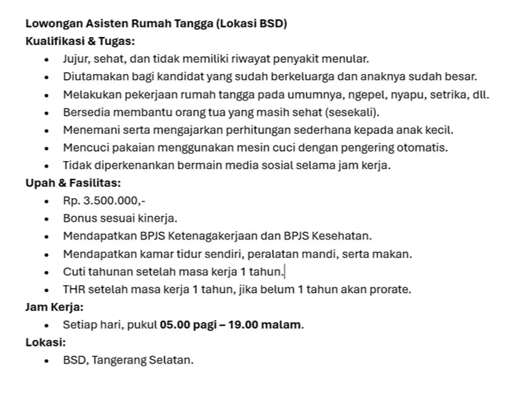 Lowongan ART ( Bukan Agen atau pun Yayasan )