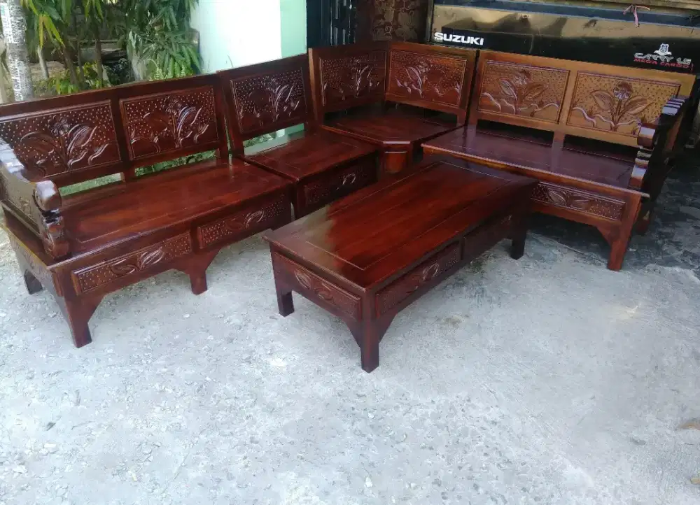 Paket Meja dan Kursi Tamu Sudut L Kayu Jati Terlaris Elegan Terlaris