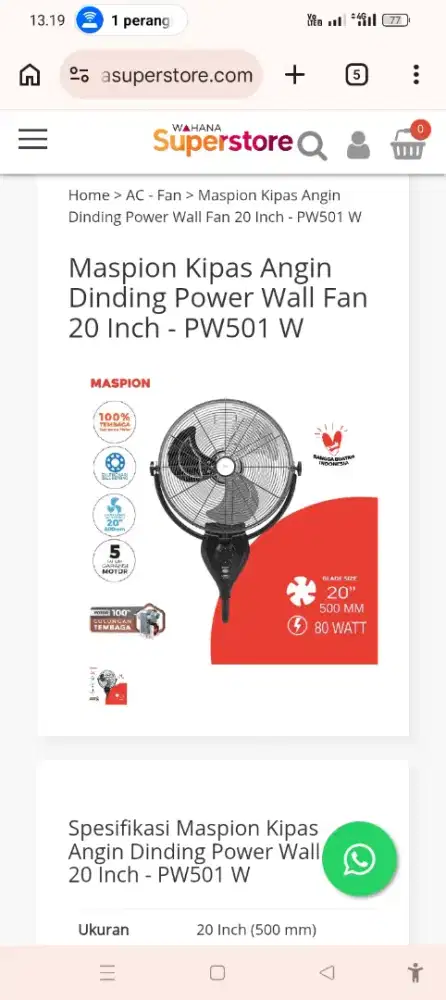 Kipas angin Maspion dinding 18 inc