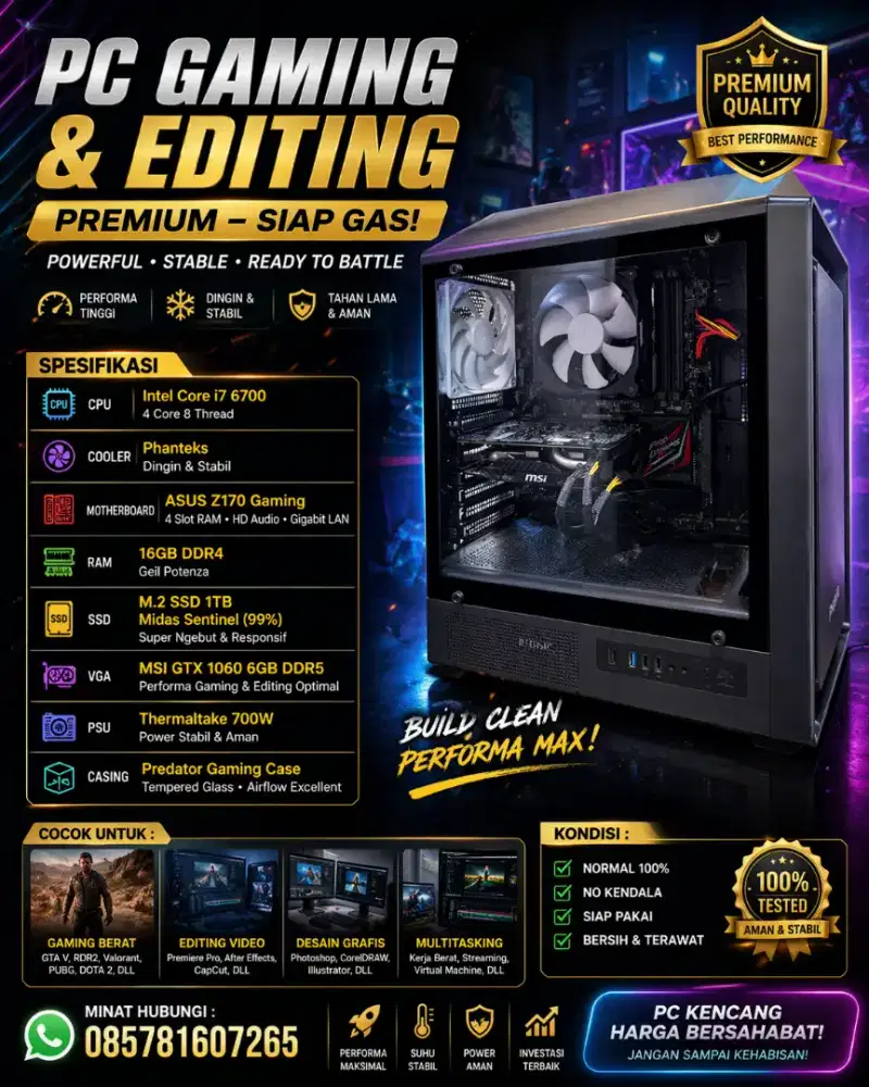 Cpu gaming core i7 6700 ram 16gb ssd 256gb hdd 1tb vga GTX 1060 6gb