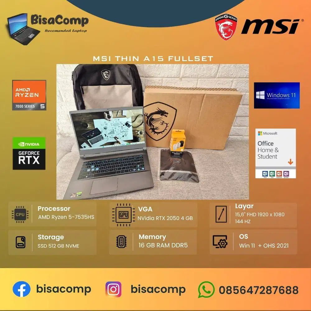 MSi Thin A15 AMD Ryzen 5-7535HS SSD 512gb Ram 16gb 15,6inchFHD VGA 4gb