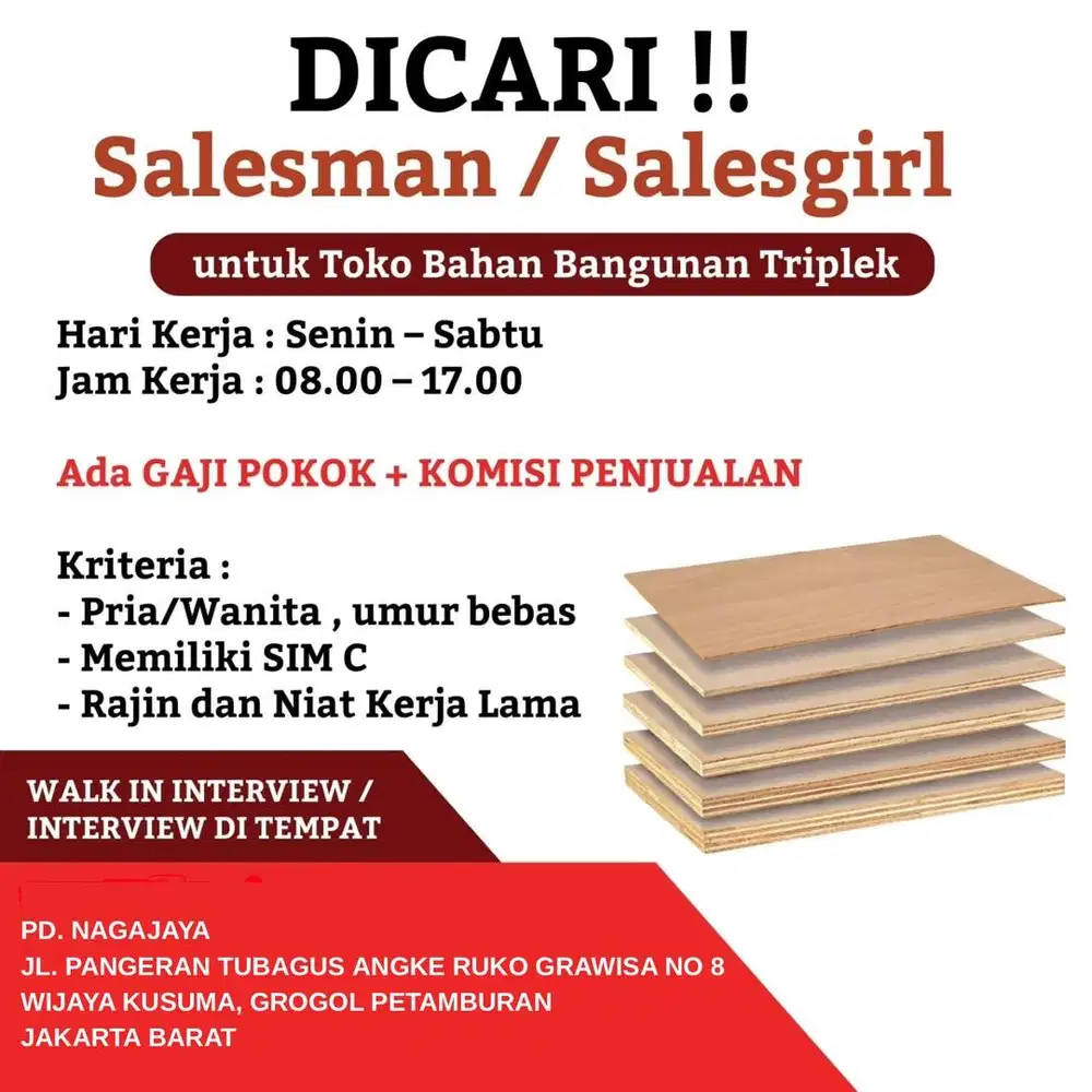 Dicari Salesman/Salesgirl untuk Toko Bahan Bangunan Triplek