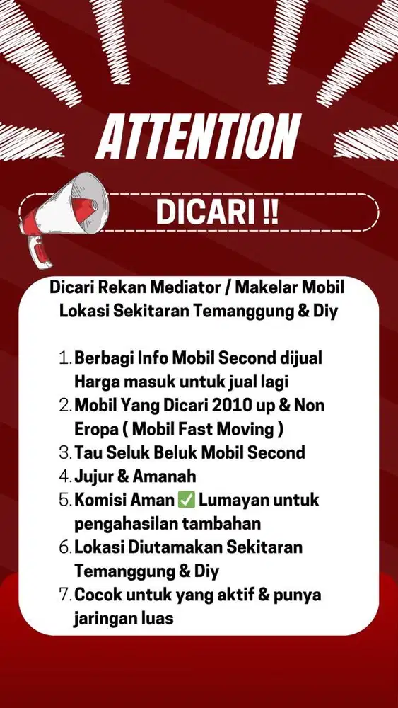 Dicari Rekan Mediator / Makelar Mobil Bekas