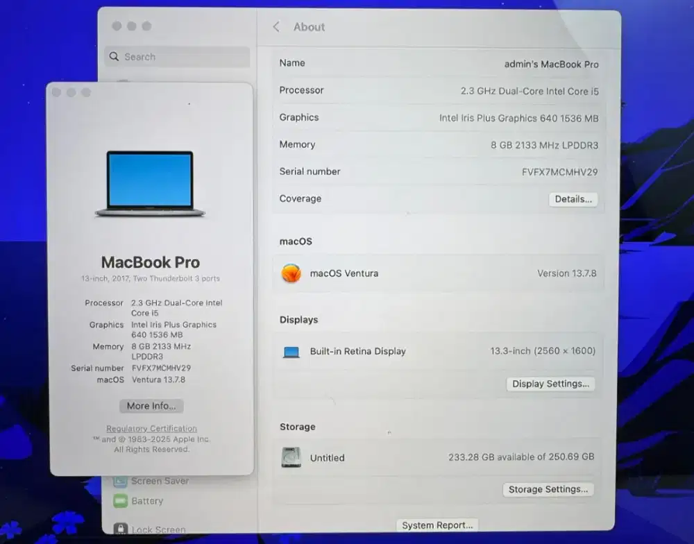 Macbook Pro 2017 Intel 8 Ssd 256 Layar 13 inch Core I5 Space Grey