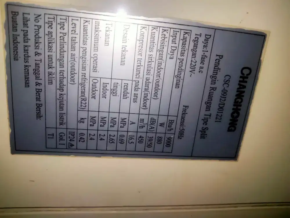 AC canghong indoor unit 1 pk normal