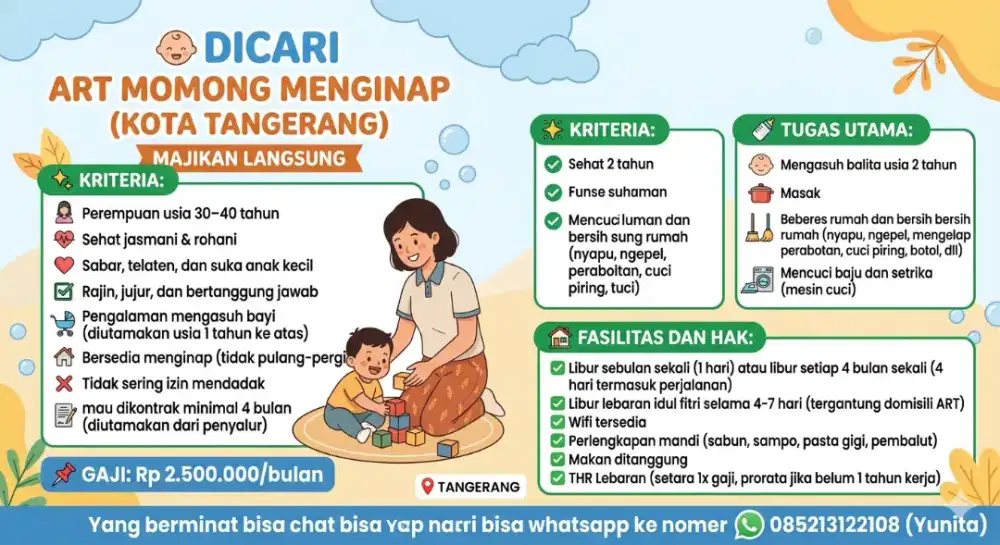 Cari ART Momong Serabutan Majikan Langsung Kota Tangerang