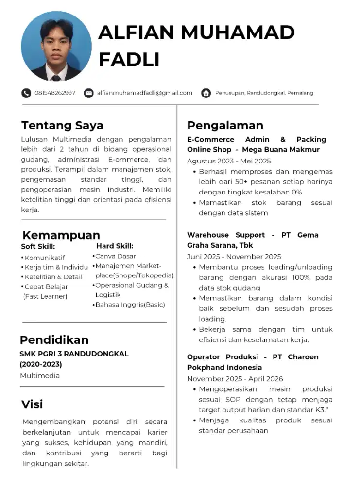 Siap Kerja: Operator Produksi, Admin Online Shop, Warehouse