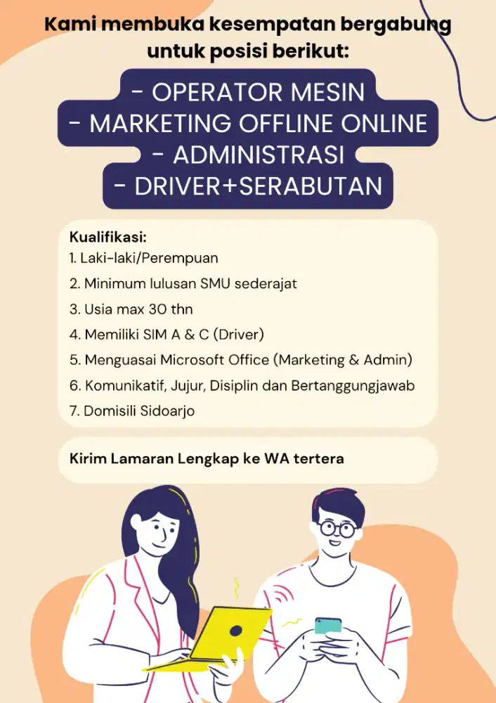 Dicari: Operator Mesin, Marketing, Administrasi, Driver+Serabutan