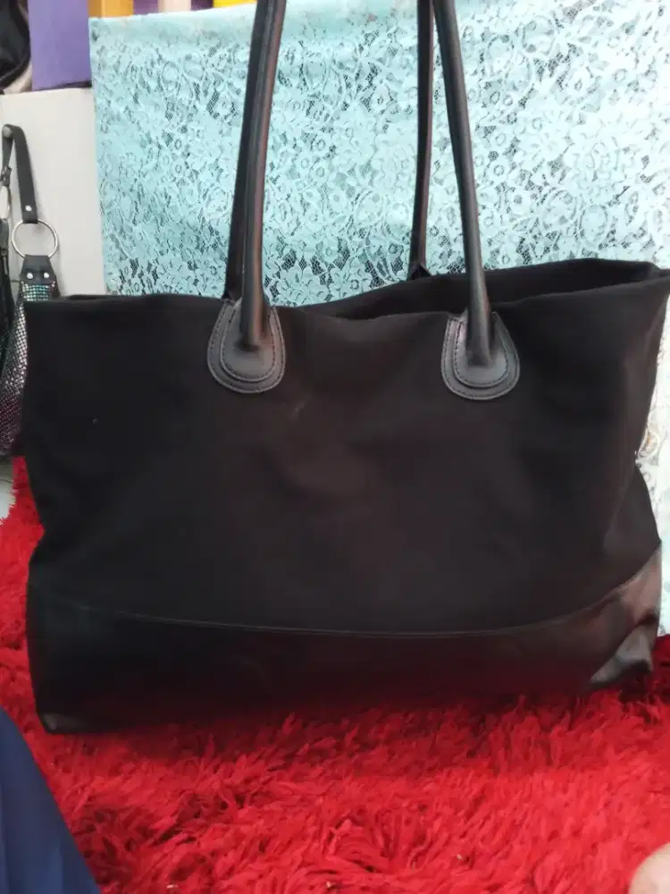 TOTE BAG BESAR BAHAN DENIM TEBAL MIX KULIT ASLI BISA UTK MINGGAT