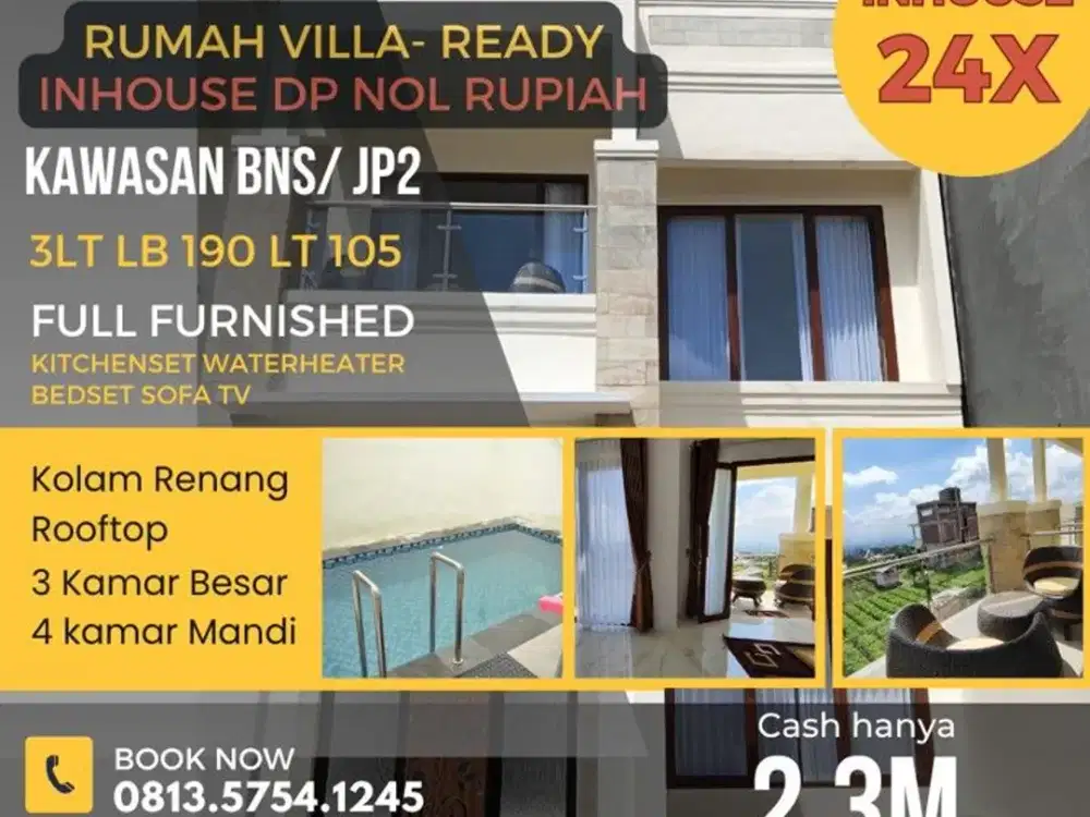 Villa ready dijual BNS JP2 Furnished kolam renang rooftop 2,3M