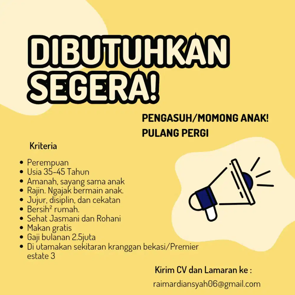 Di Butuhkan Pengasuh / Momong Balita Usia 14 Bulan Pulang Pergi