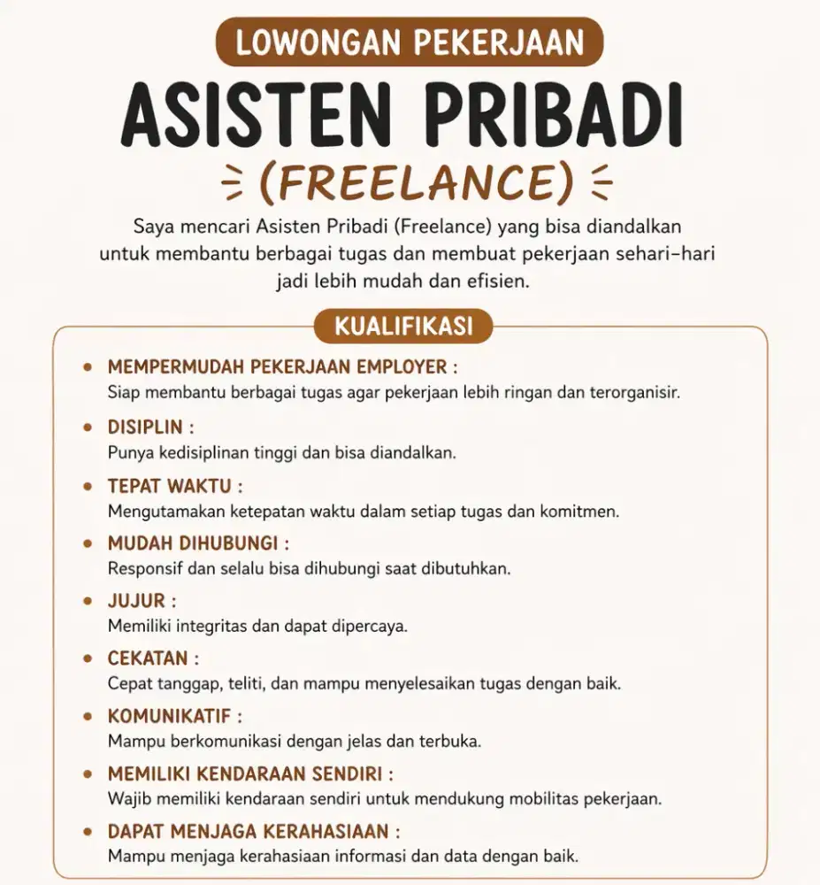 Asisten Pribadi Wanita Freelance (bukan Asisten Rumah Tangga)