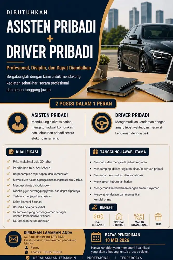 Lowongan Asisten Pribadi + Driver Pribadi