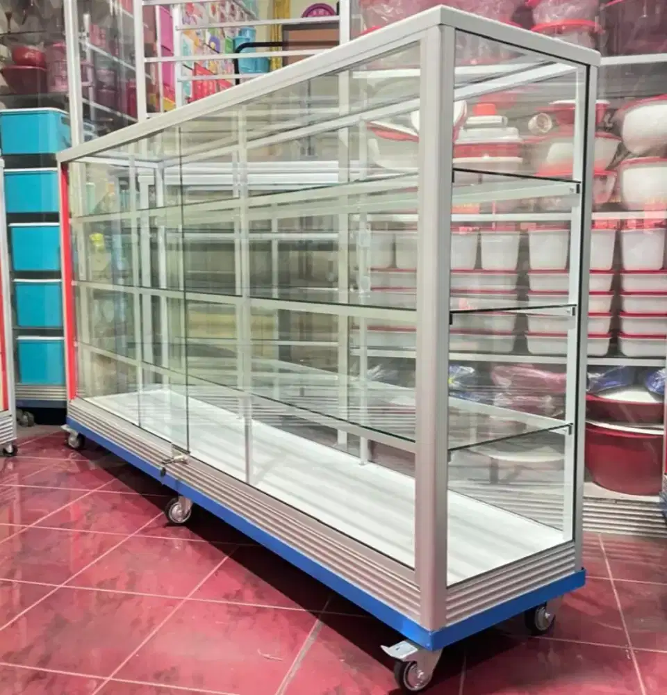 Etalase Aluminium & Kaca || Pakai Roda Besar & Siku Besi
