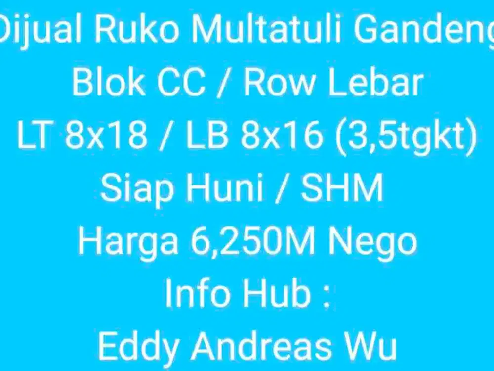 Dijual Ruko Multatuli Indah Blok CC
