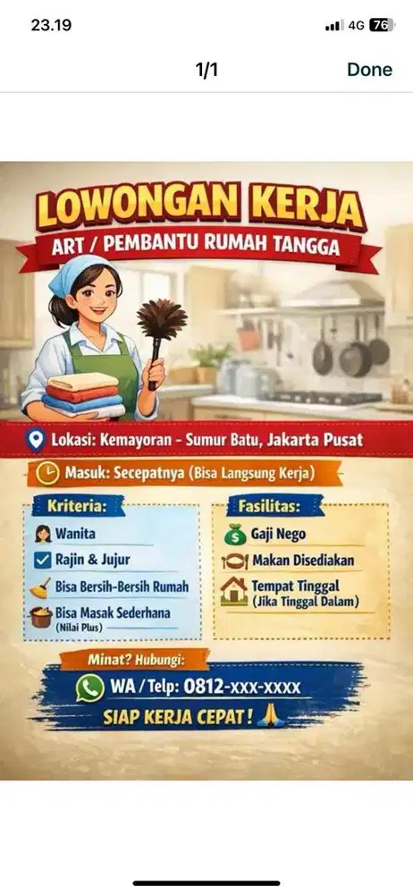 Loker ART perempuan menginap