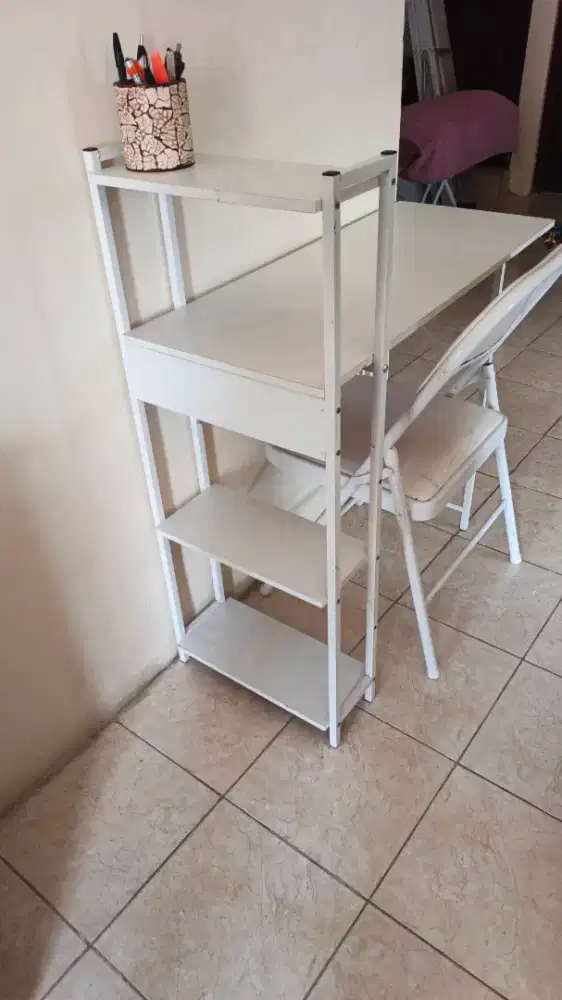 Set Meja Kerja Minimalis + Rak Buku Samping & Kursi Lipat (Putih)