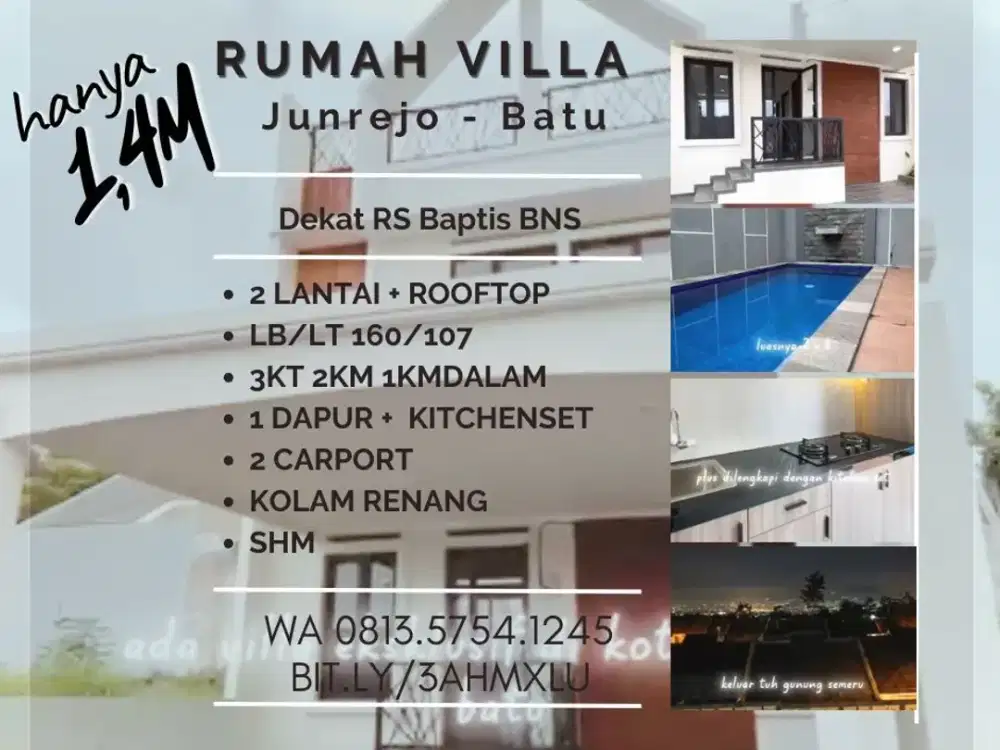 Villa dijual trunojoyoatas RSbaptis Batu 2Lt rooftop kolamrenang promo 1,4M