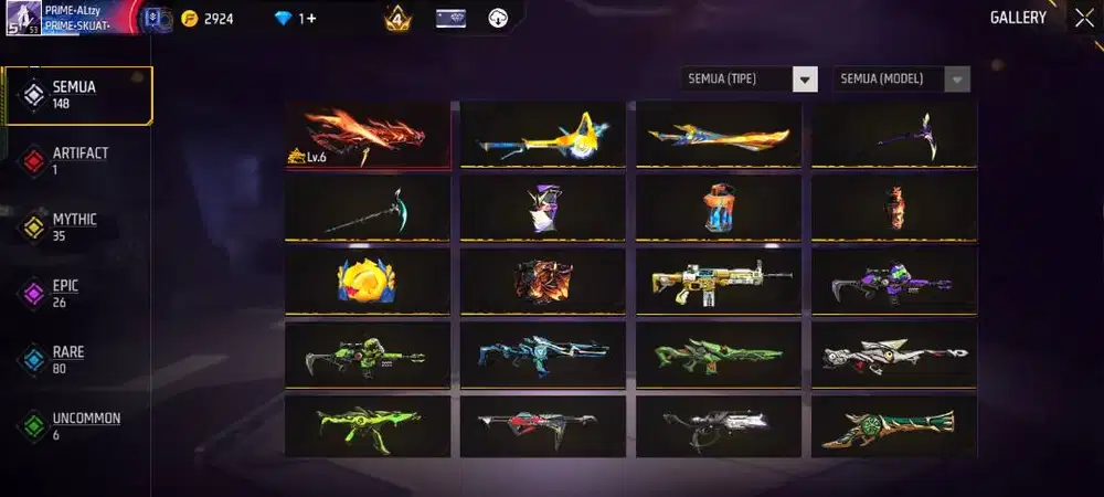 sg terompet, ada topi jerami, evo lv6,dan prime 4 log fb