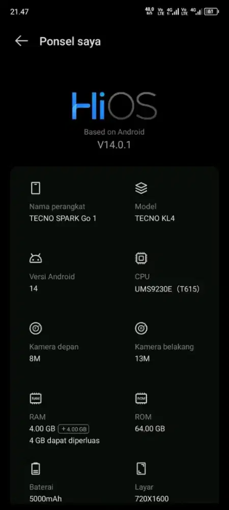 Tecno Spark GO 1 Full original mulus nominus
•Ram 4+4/128GB