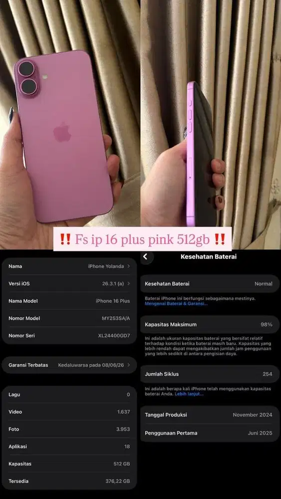 FS IPHONE 16 plus GARANSI RESMI MASI ADA GARANSI BULAN JUNI 2026