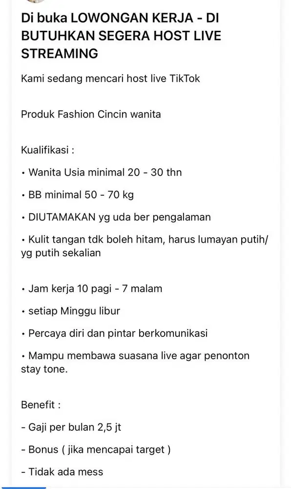 Di buka lowongan host live streaming tiktok