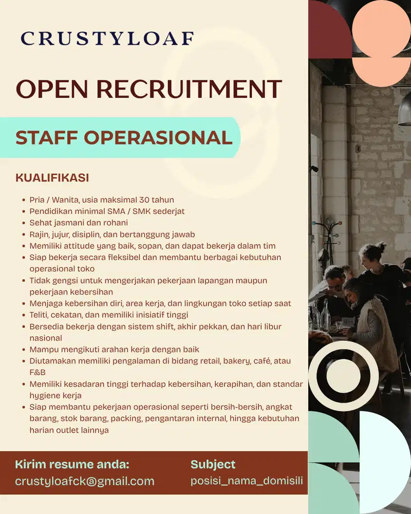 LOWONGAN KERJA STAFF OPERASIONAL DAN STEWARD