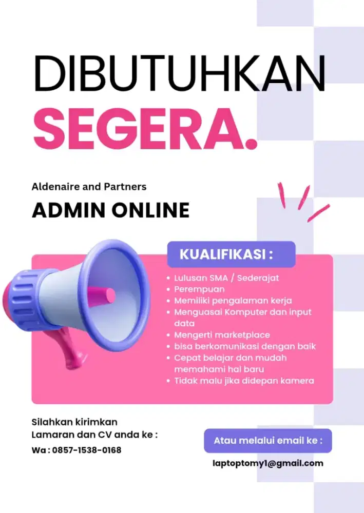 DI CARI KARYAWAN PEREMPUAN BAGIAN ADMIN ONLINE USIA MAX 30 TAHUN