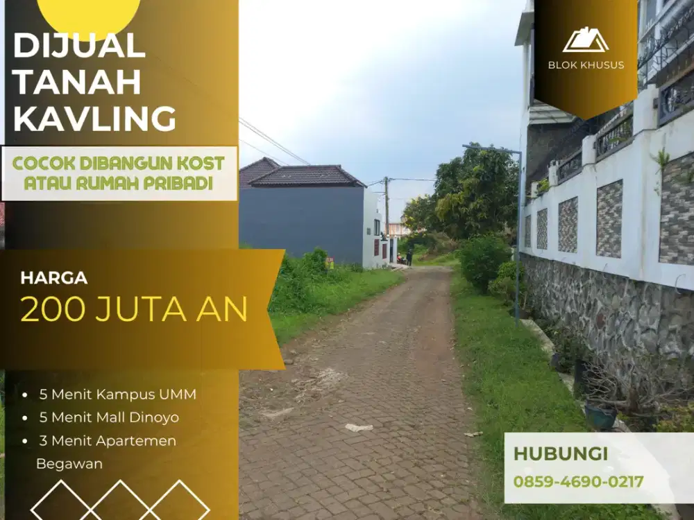 5 Menit Kampus UMM Malang Row Jalan 6 Meter Cocok Bangun Kos Kosan Tanah Kavling Perumahan