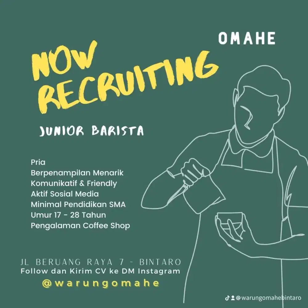 Di cari barista untuk di cafe warung omahe