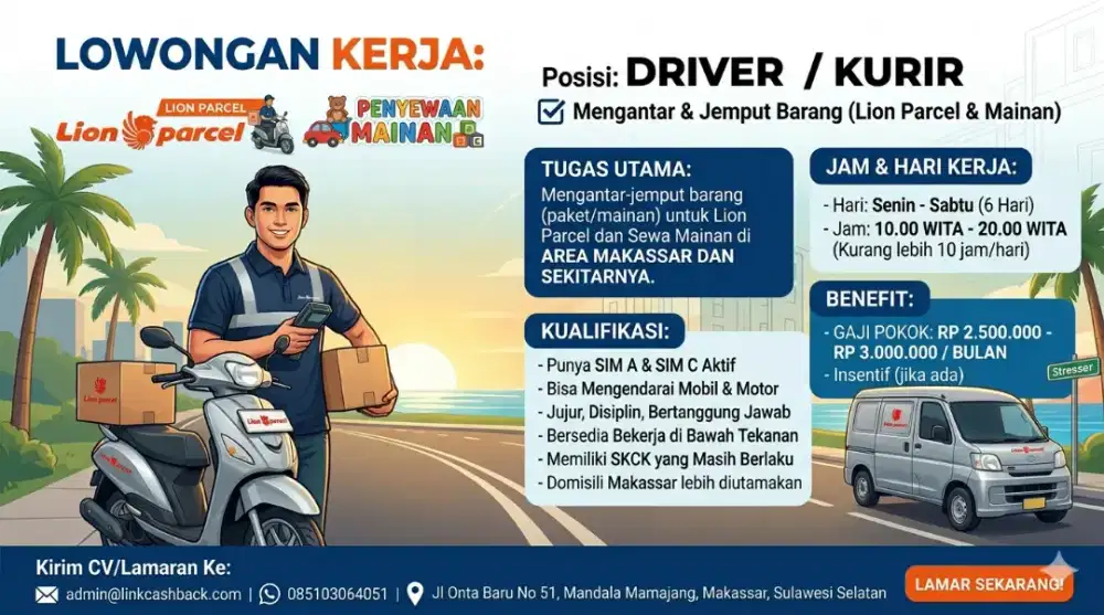 Loker : Driver Kurir Agen Expedisi dan Sewa Mainan