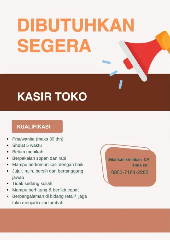 Dibutuhkan segera kasir toko sablon
