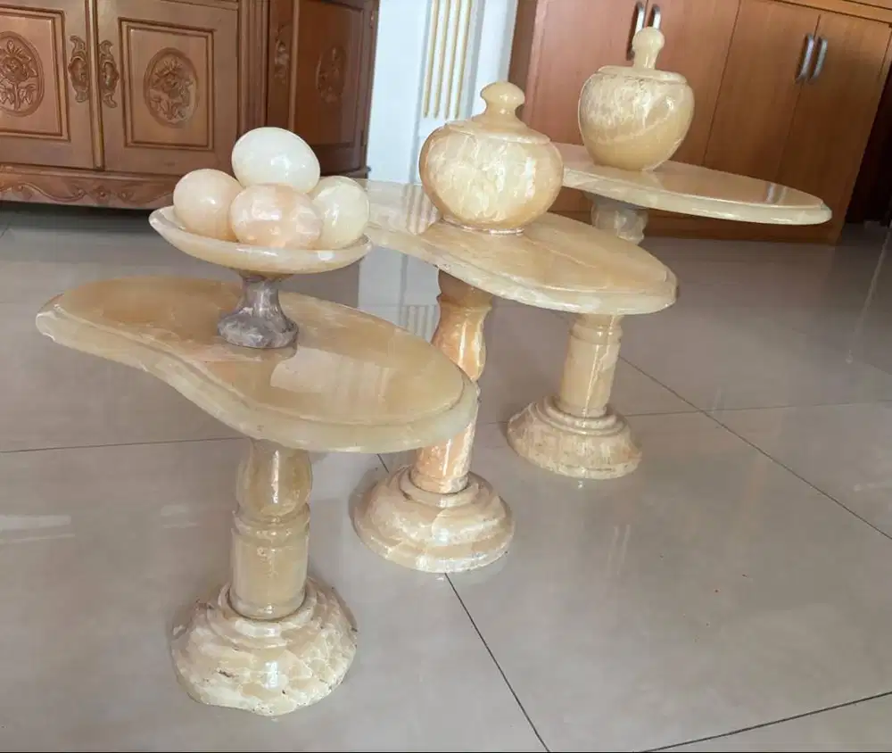 Set Dekorasi Marmer/Onyx Asli Besar – Pedestal + Bowl + Toples  – Luxur