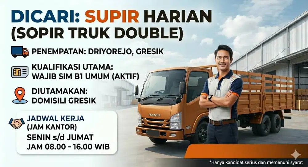 Dicari Supir Harian SIM B1 Umum - Area Driyorejo, Gresik