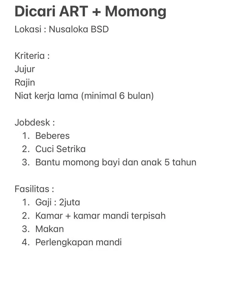 Dicari ART + momong Serpong