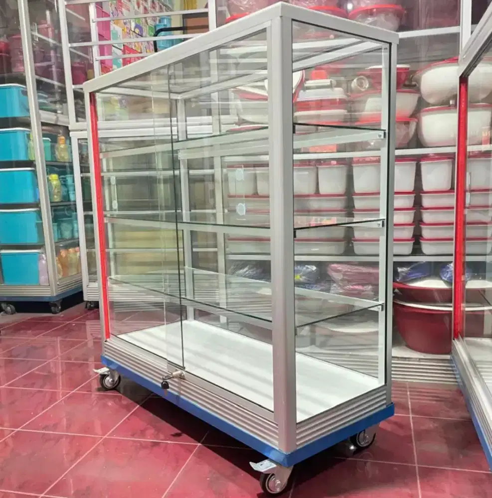 Etalase Panjang 1Mx1M Pakai RODA BESAR & Kunci || Kaca full 5mm