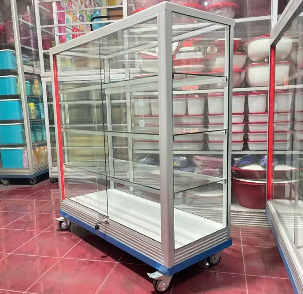 Etalase Panjang 1Mx1M Pakai RODA BESAR & Kunci